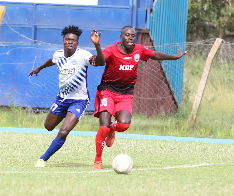 Sofapaka FC's Jedinak Nana vies for the ball with Brian Birgen of Ulinzi Stars during a KPL match at Kenyatta Stadium on March 1