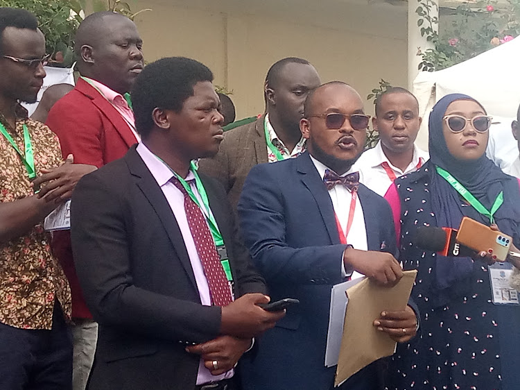 KMPDU North Rift region officials led by Dr Kamunzi Mule (C) and Dr Darwin Ambuka speaking after an AGM in Eldoret on November 12th 2022