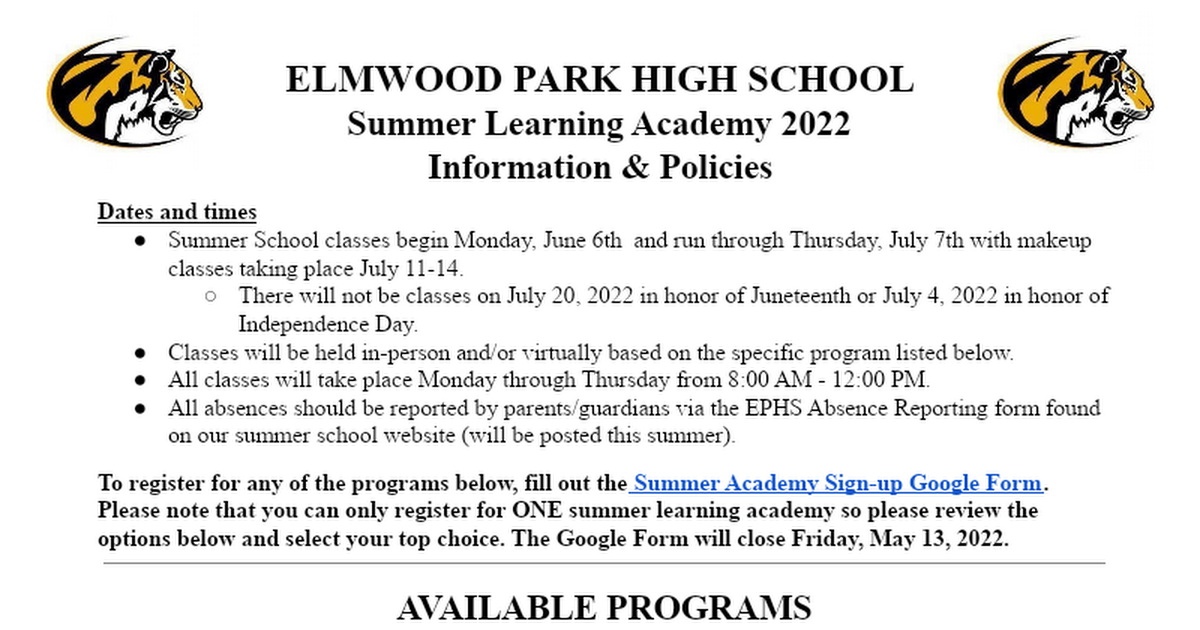 EPHS Summer Academy - 2022