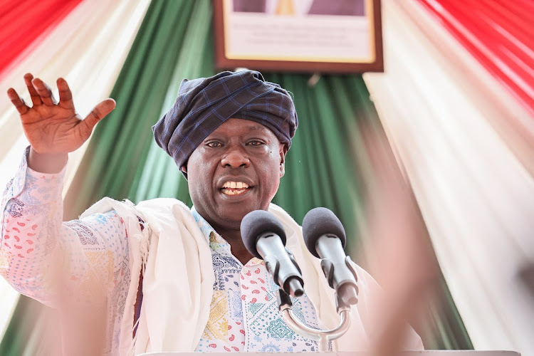 Deputy President Rigathi Gachagua speaking at Isiolo Girls High School in Isiolo County on February 2, 2024.