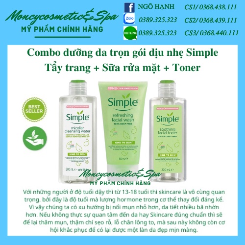 Combo Dưỡng Da Simple (Sữa Rửa Mặt + Toner + Tẩy Trang) - Bộ 3 Sản Phẩm Làm Sạch Da Dịu Nhẹ Simple - Moncyshop