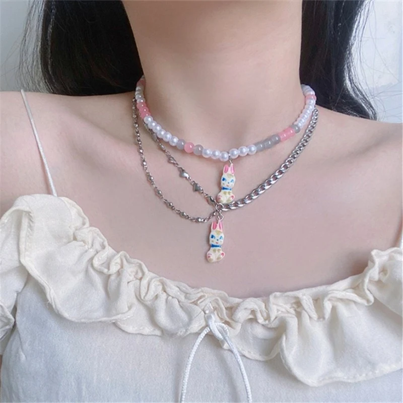 Parel Cartoon schattige kleine konijn ketting, eenvoudig, modieus, niche design, gepersonaliseerde ketting, voor een unieke uitstraling.