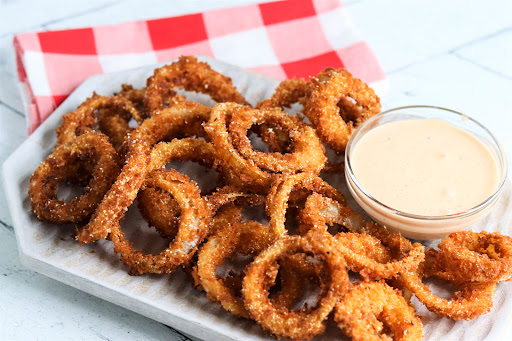 A platter of Pam's Variations on a Theme - Onion Rings.