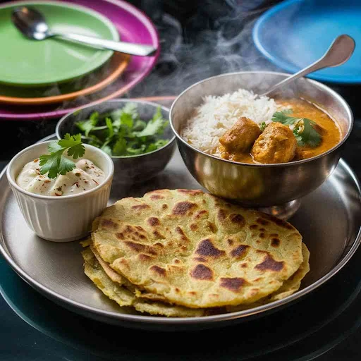 Allo Paratha (1peas) )+ Simple Rice +chicken Curry +bundi Raita