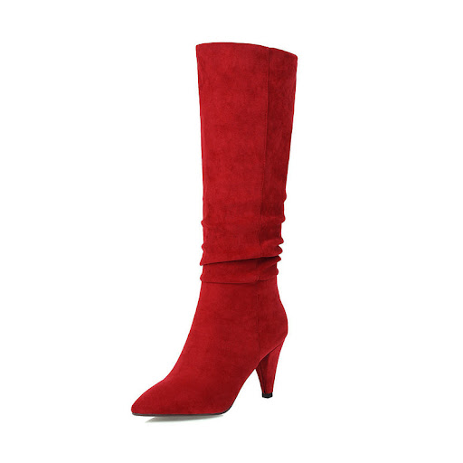 Title 7, Leather and Velvet High Boots with Tapered Heel...