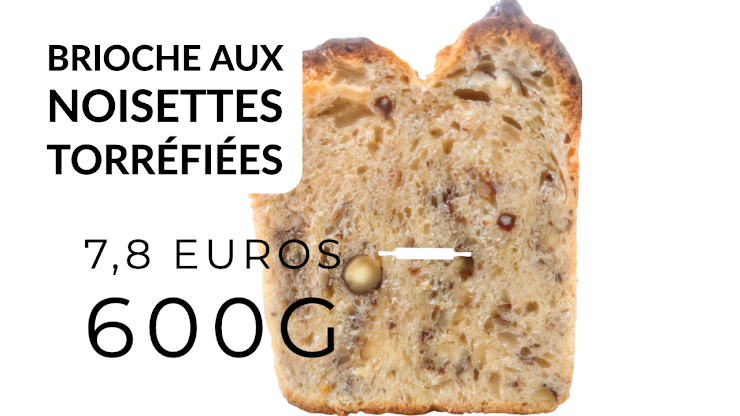 Ingrédients : farine de blé bio T80, oeufs bio, beurre bio, sucre de canne bio, noisettes bio torréfiées, du  levain naturel de seigle, sel de Guérande, eau. La brioche est cuite au four à feu de bois.