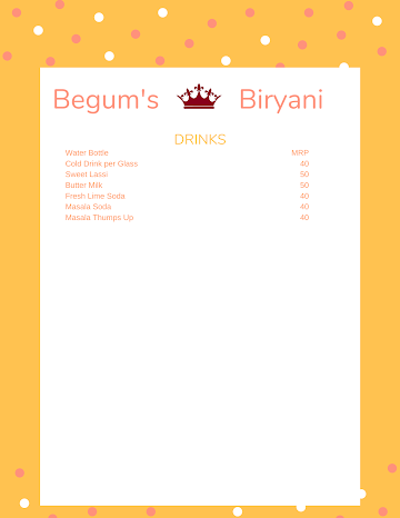 Begum's Biryani menu 
