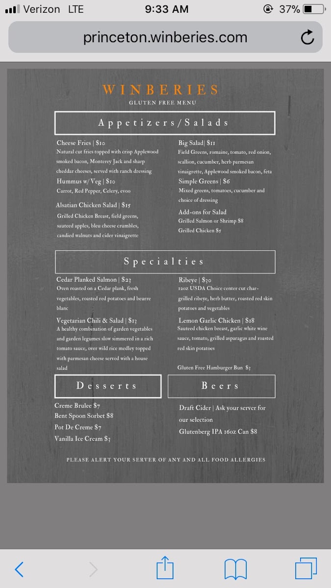 Gluten free menu