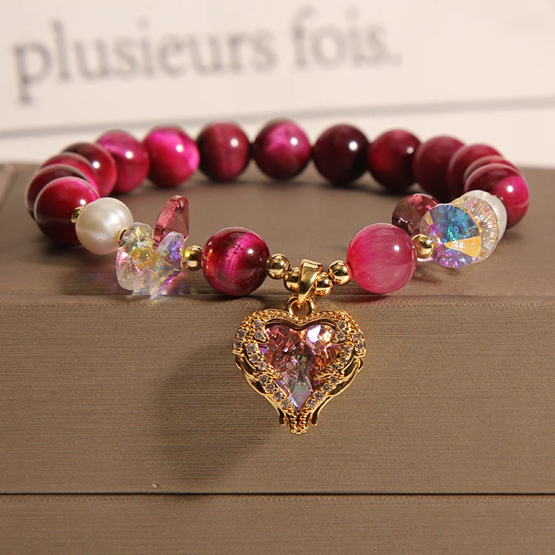 Pulsera de cristal ojo de tigre rojo rosa para mujer, pulsera de moda. Elegante y con encanto, para un toque de sofisticación. Un accesorio perfecto.