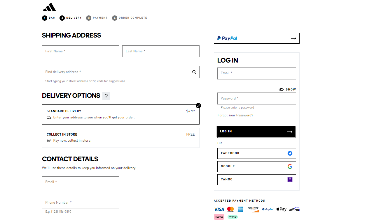 Formulário de checkout para realizar compra no site da Adidas