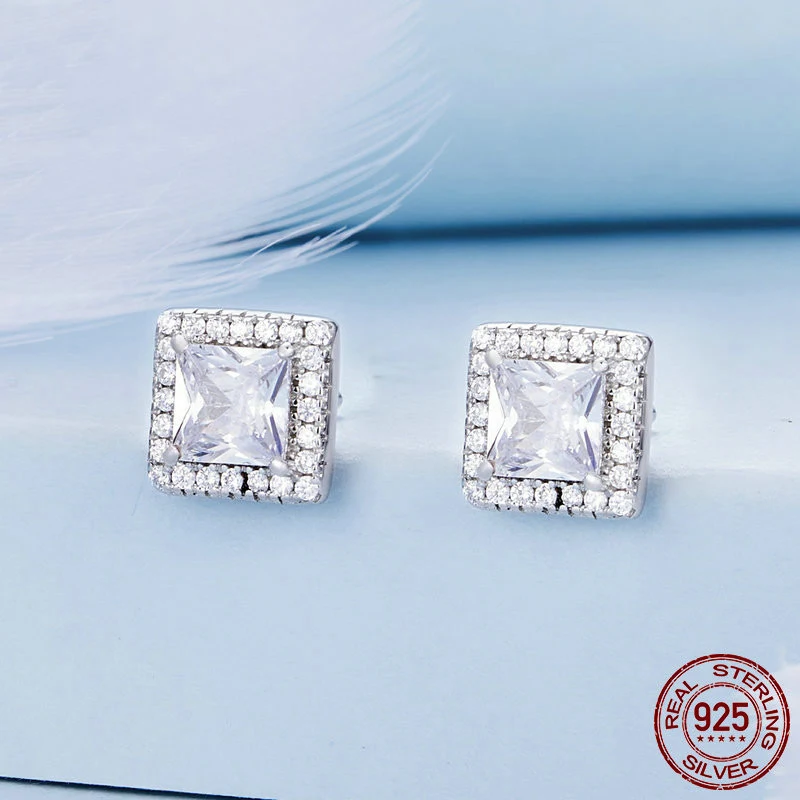 S925 Sterling Silver White Gold Plated Light Luxury Square Zircon Stud Earrings, everyday elegance and subtle sparkle.