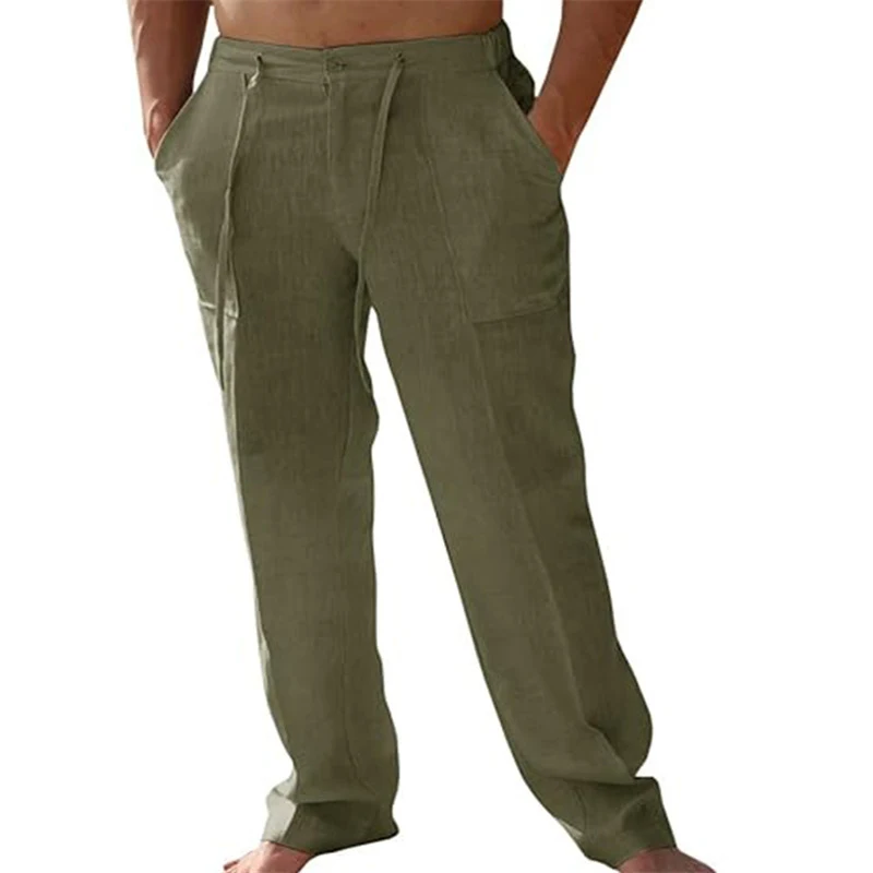 Leinenhose Herren lässig, Patch-Taschen, locker, Kordelzug, gerade, Sommer, Strand, Yoga. Bequem & atmungsaktiv für heiße Tage.