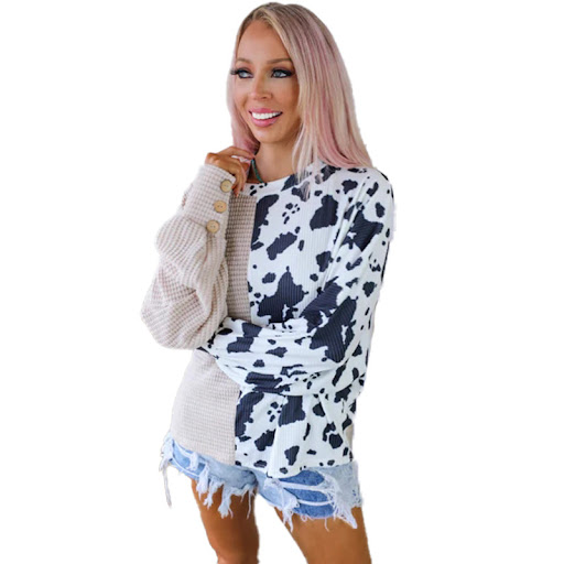 Title 4, Cows Pattern Womens Waffle Sweater Cozy Warm S...