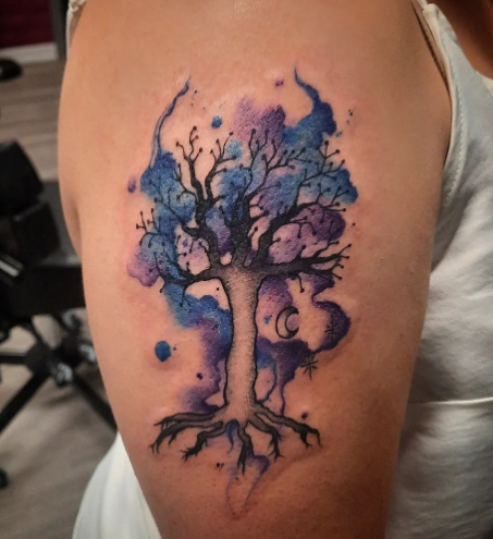 Blue And Violet Tree Tattoo