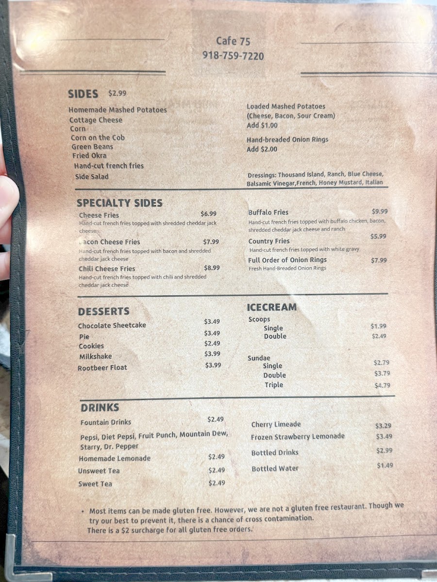 Cafe 75 gluten-free menu