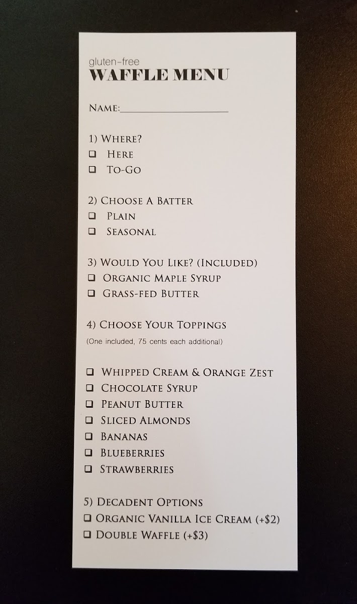 Waffle Checklist for Ordering
(trust me one waffle is VERY filling)