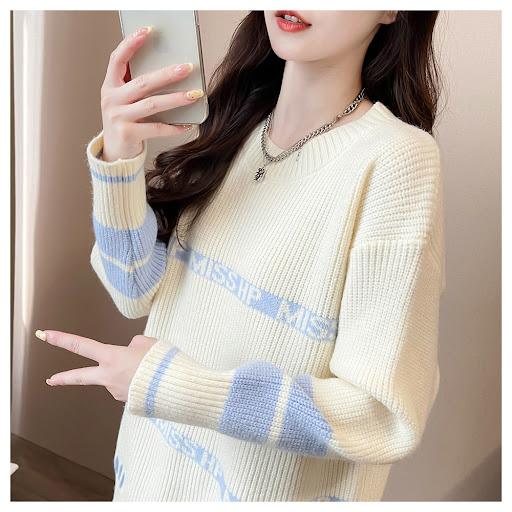 Title 5, Lazy Letter Jacquard Round Neck Sweater