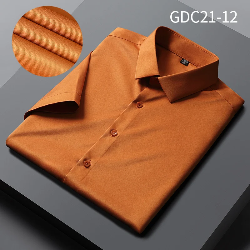 Camisa de hombre de manga corta antiarrugas, camisa de traje casual de negocios, camisa de seda satinada, proveedor mayorista, sólida, fácil de planchar.