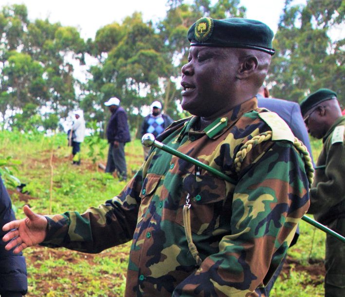 Kiambu county ecosystem conservator Thomas Kiptoo speaking at Escarpment village in Lari sub county on Tuesday.