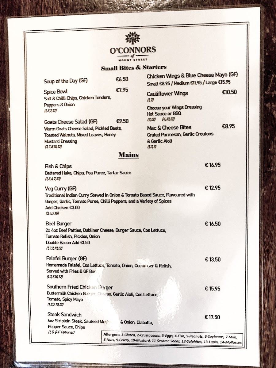 O'Connor's of Mount Street gluten-free menu