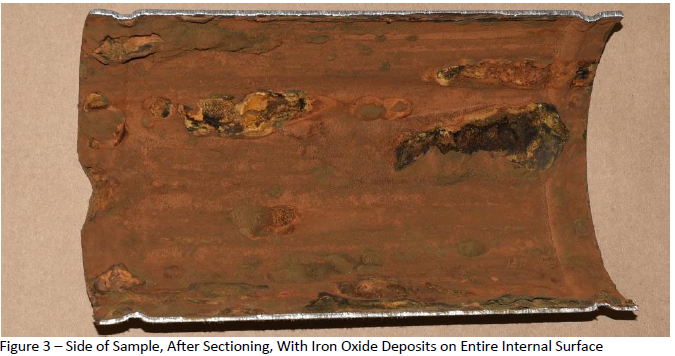 Side of sample after sectioning with iron oxide deposits on entire internal surface