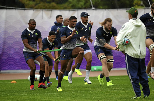 South Africa coach Rassie Erasmus, right, looks on as Warrick Gellant (centre) warms up with teammates during the Springboks' session in Urayasu, Chiba, Japan yesterday.