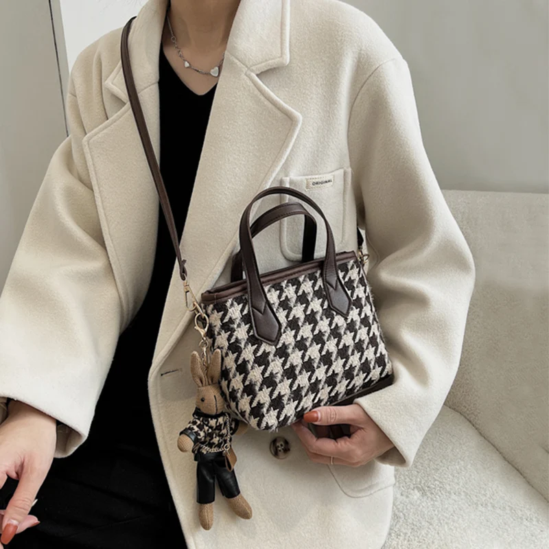 Draagbare Houndstooth schoudertas met dambordpatroon, veelzijdige handtas voor dames, messenger bag, shopper, perfect voor elke outfit.