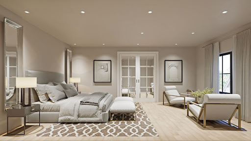 Modern bedroom with king size bed and armchairs - Buy this luxury house in Naperville, 5 bedrooms