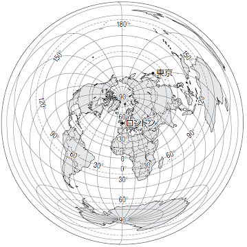 ロンドンからの距離と方位が正しく表されている地図（東京書籍「新編新しい社会地理」）