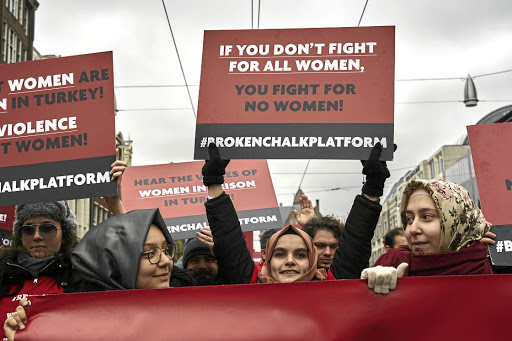 Women lead a protest against lack of women's rights in Turkey during the International Women's Day celebration on March 8 in Amsterdam, Netherlands. /Getty Images