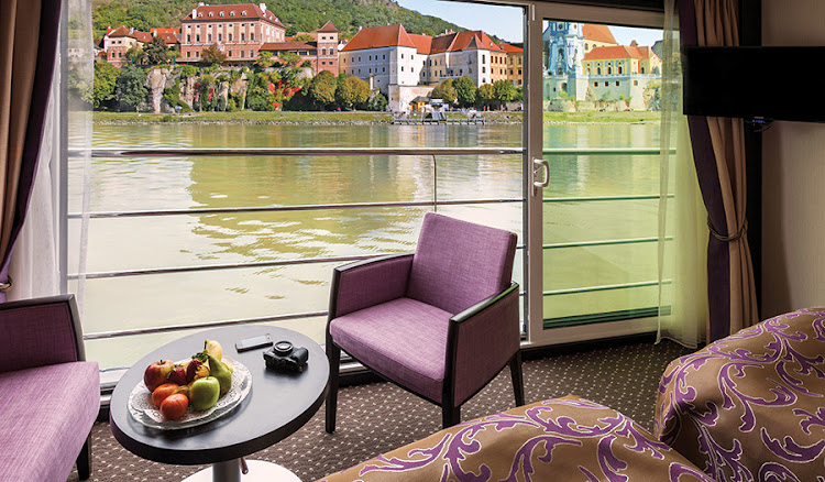 Most staterooms on Avalon Poetry II feature French balconies (floor-to-ceiling windows).