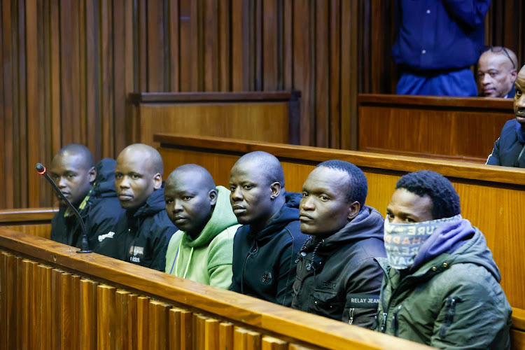 Phakamani Hadebe, Zitha Hadebe, Nhlangano Ndlovu, Sanele Mbhele, Siphiwe Mazibuko and Phakanyiswa Dladla in court in connection with the murder of Babita Deokaran.