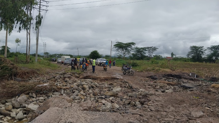 Residents protest against poor state of Devki-Kinanie-Joska road and bridge in Mavoko, Machakos County, on May 10, 2024.