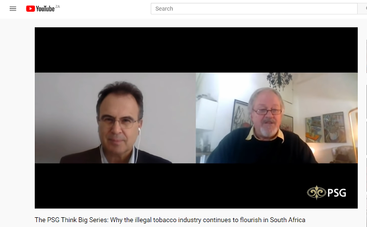 Investigative journalist Jacques Pauw, right, in conversation with financial journalist Bruce Whitfield, during a webinar facilitated by financial services group PSG on the illegal cigarette trade and how it has flourished during the lockdown