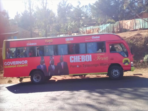 One of the buses unveiled by Baringo Governor Benjamin Cheboi ahead of Deputy President William Ruto's tour of the county on Saturday, March 25, 2017. /JOSEPH KANGOGO