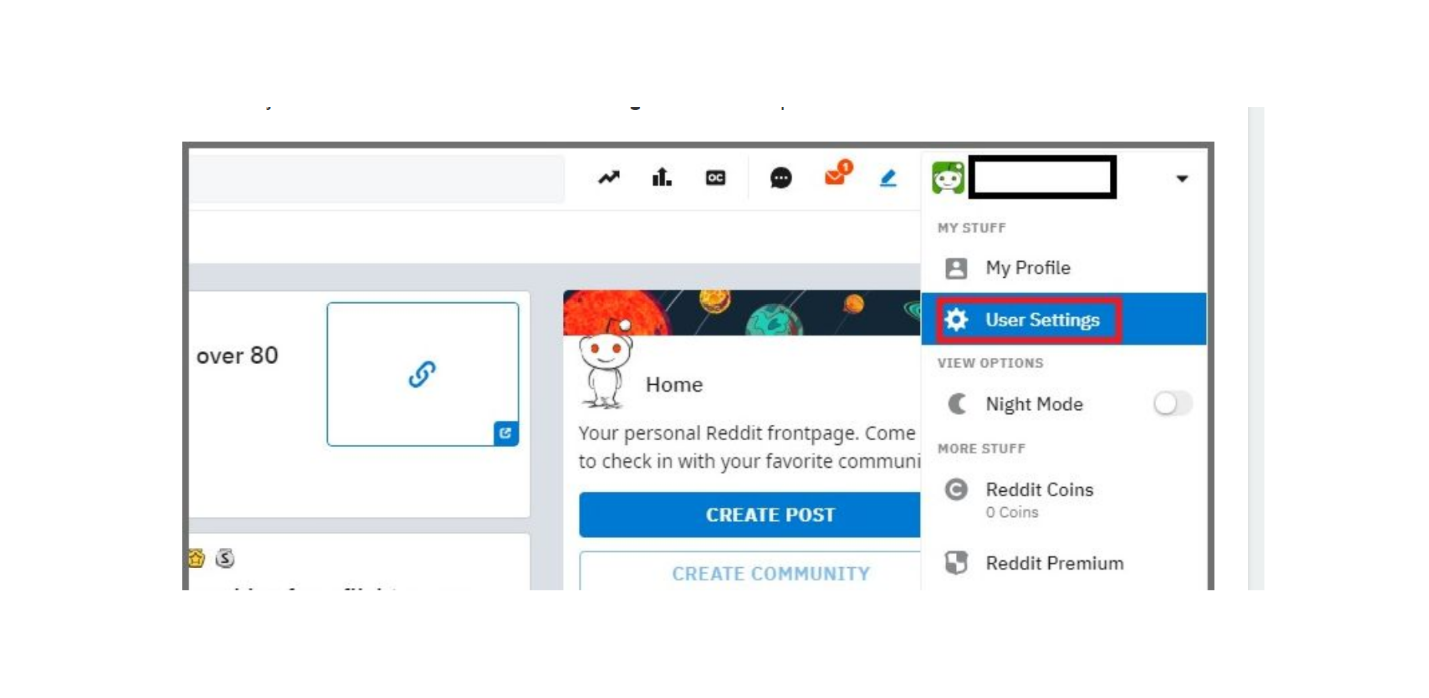 Screenshot showing User Settings menu option in Reddit