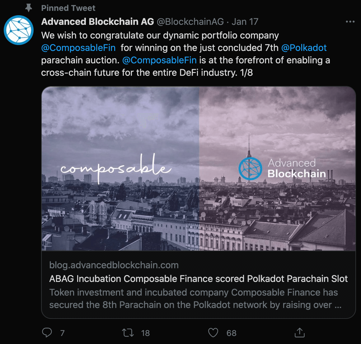 Announcement that Composable Finance has won a Polkadot parachain auction
