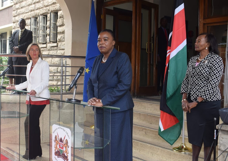 Foreign Affairs CS Amb. Monica Juma with Frederica Mogherini, EU High Representative for Foreign Affairs and Security Policy and Vice President of the Commission during a press conference on May 21, 2019.