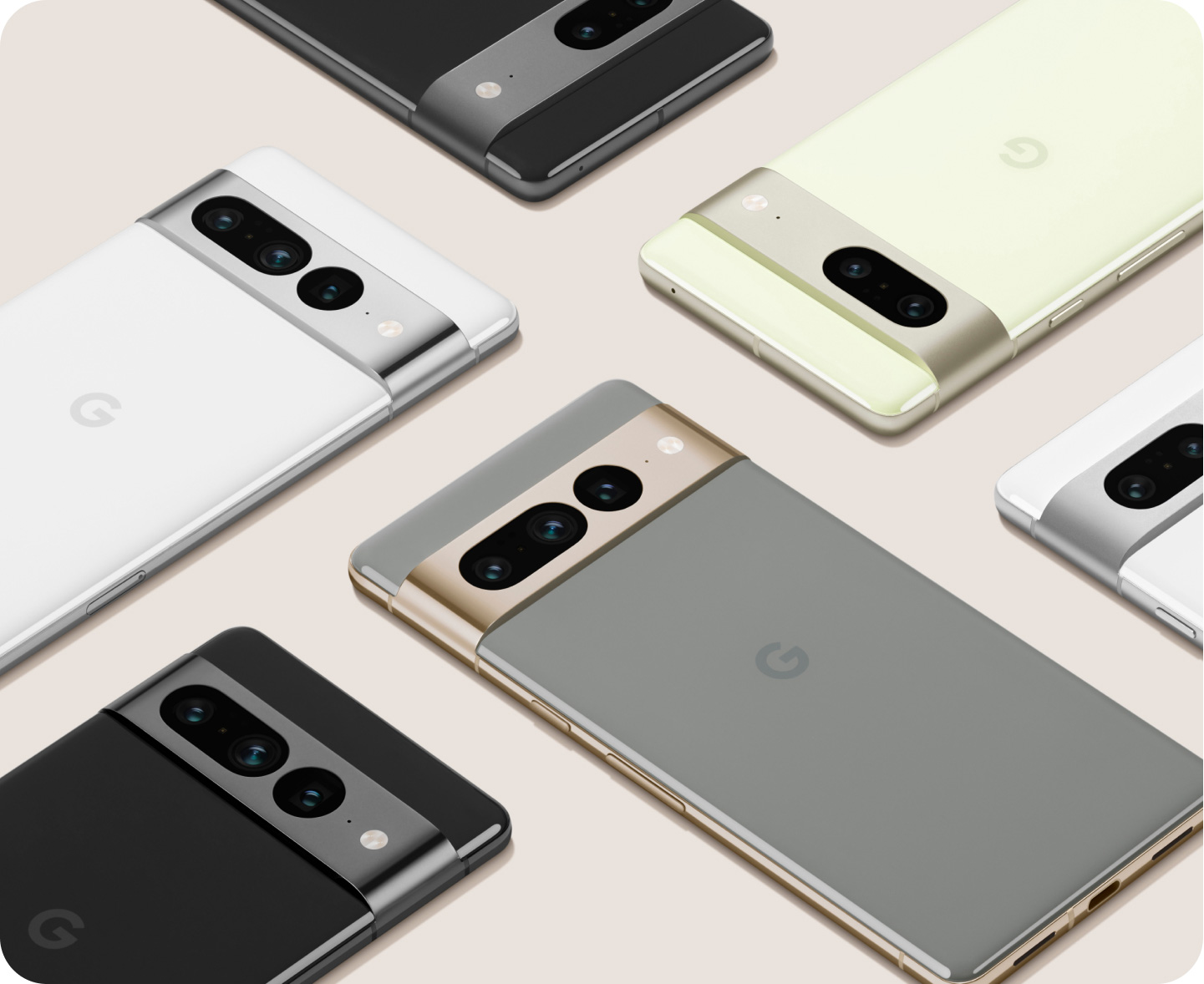 An array of Google Pixel phones in different colors. 