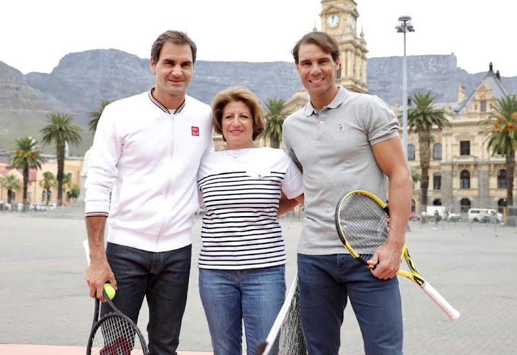 Lynette Federer, from Kempton Park, on the Grand Parade in Cape Town with her son Roger and Rafael Nadal on February 7 2020.