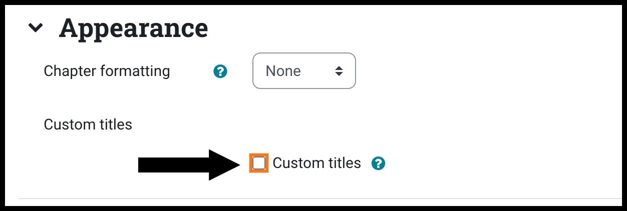 Chapter formatting setting with a dropdown to choose from a list; Custom titles setting with a checkbox to select