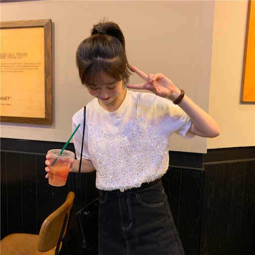 Title 7, Sequined Korean-style Short-sleeved T-shirt Fal...