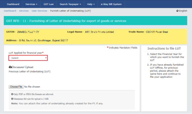 Letter of Undertaking(LUT) applied for Financial year