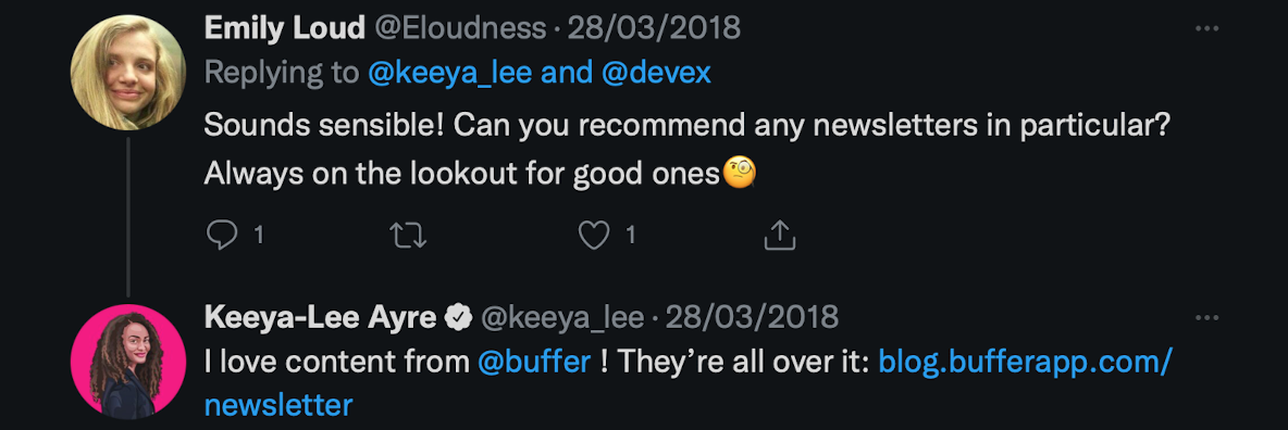 A customer recommending Buffer’s content