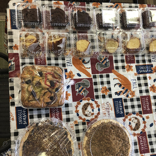 Reese’s brownies, amaretto cake, focaccia bread, and blueberry and apple crumb pies