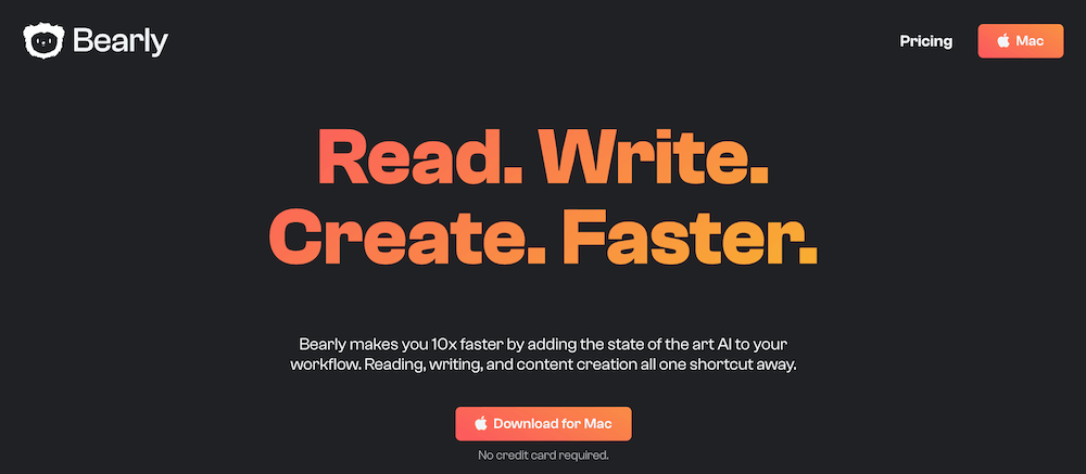 Bearly, AI tool for reading, writing and content. homepage screenshot
