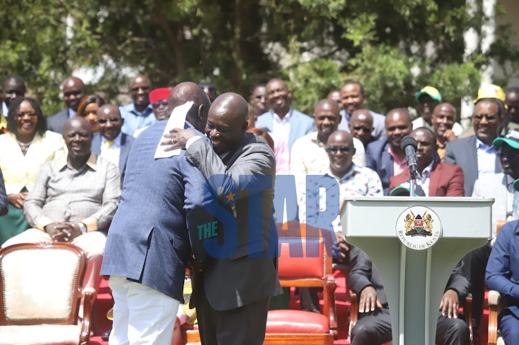 DP William Ruto after unveiling Mathira MP Rigathi Gachagua as his running mate at Ruto's Karen residence, Nairobi, on May 15, 2022