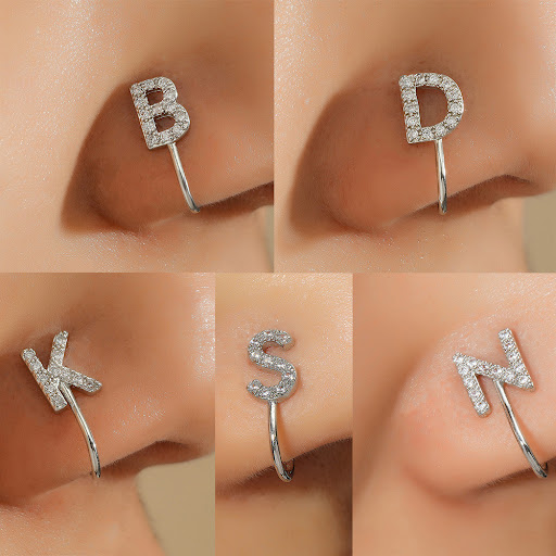 Title 3, No Piercing Nose Pin Copper Inlaid Zircon Lette...