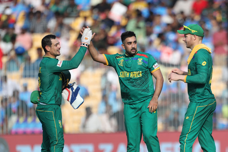 Proteas spinner Tabraiz Shamsi celebrates the wicket of Pakistan's Iftikhar Ahmed during their 2023 ICC Cricket World Cup at MA Chidambaram Stadium on October 27, 2023 in Chennai, India.