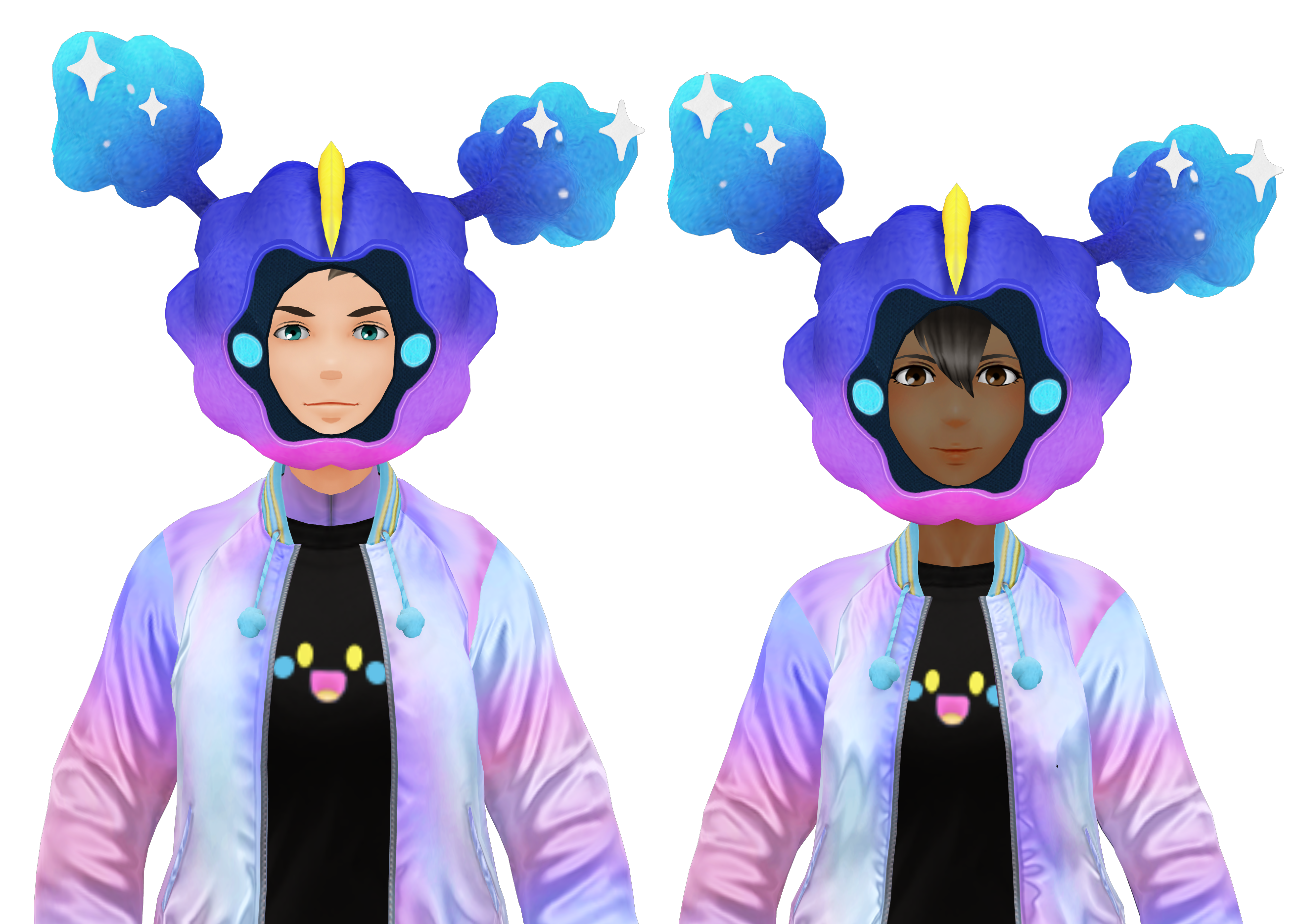 Male and female avatars posing with Cosmog-themed attire